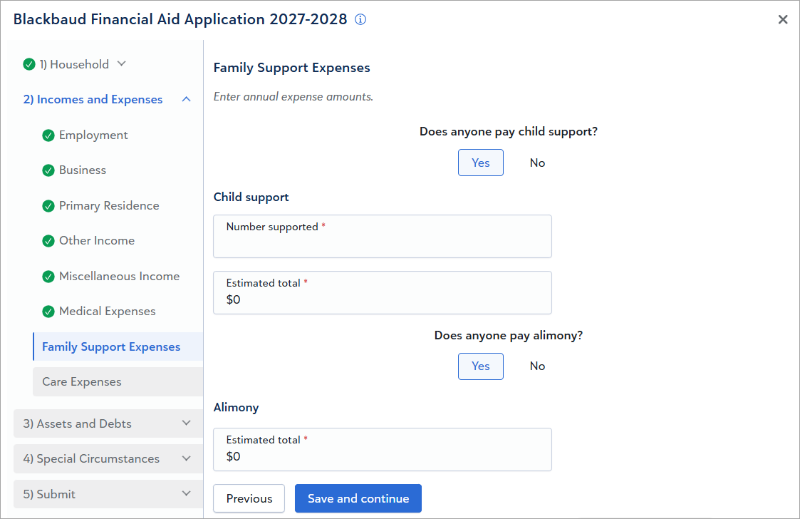 Screenshot of section J. Child Support and Alimony
